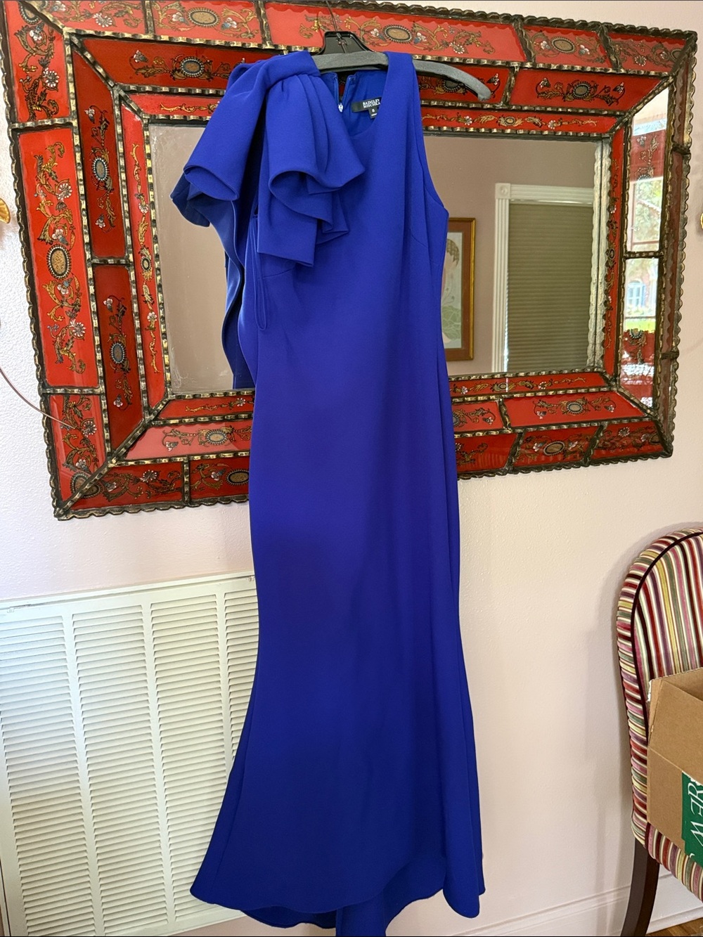 Badgley Mischka Cobalt One-Shoulder Ruffle Gown